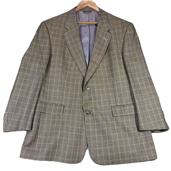 Hart Schaffner Marx Other - Hart Schaffner Marx Wool Windowpane‎ Plaid Blazer Suit Jacket Gold 44-46 Vtg